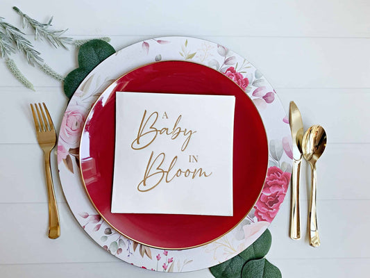 Celebrate the arrival of a new baby girl with our beautifully designed "A Baby in Bloom" luncheon napkins in white with gold writing. These stylish napkins feature a delicate floral design and elegant gold script, making them the perfect choice for a baby shower or other special occasion. The white color and gold writing make them suitable for a range of themes and color schemes, and the high-quality material ensures they are both durable and absorbent. So, add a touch of sophistication to your celebration 
