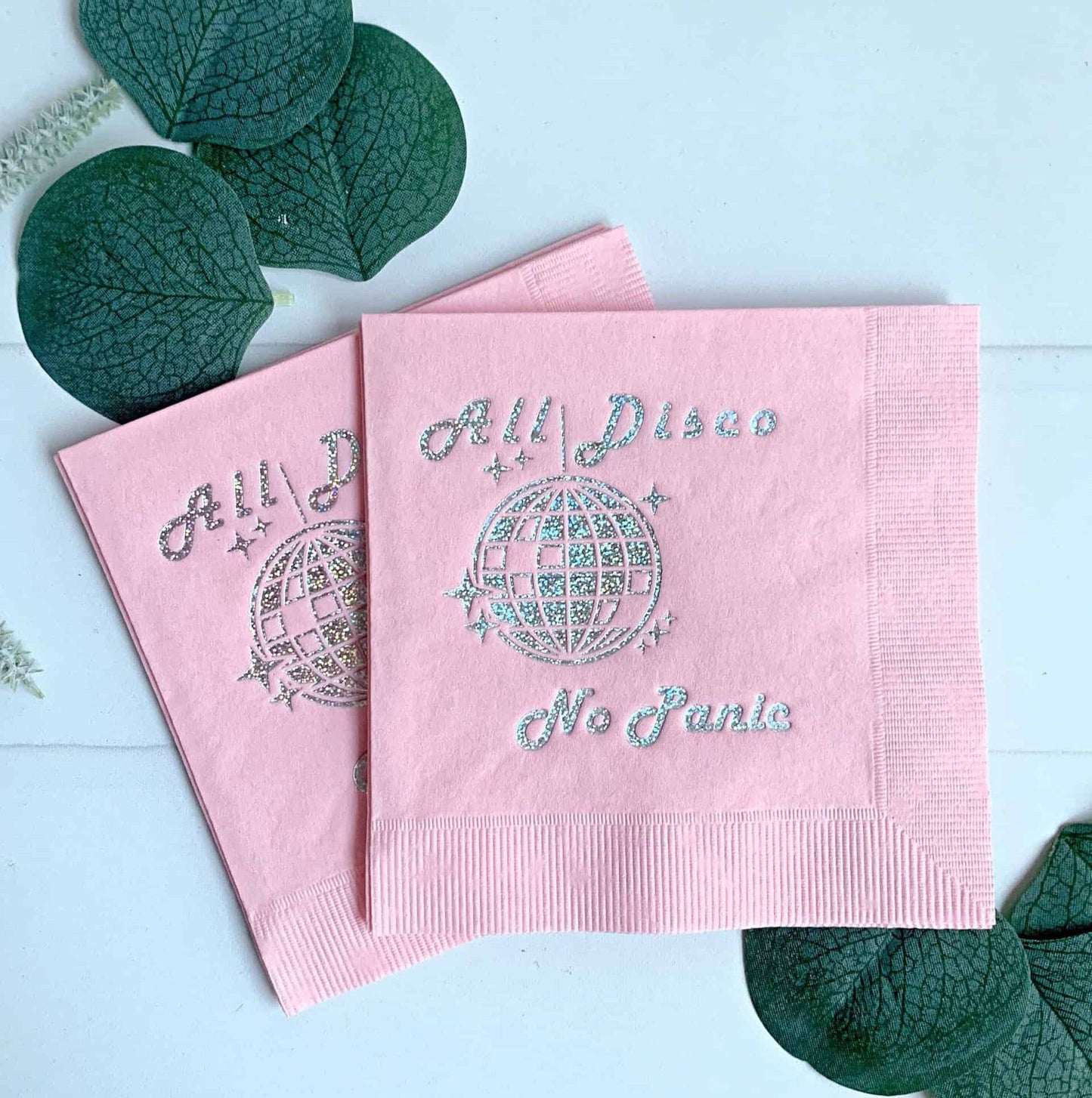 Gorgeous iridescent foiled disco ball cocktail napkins for a fun and exciting celebration. #DiscoBall #Glitter #Iridescent #CocktailNapkins