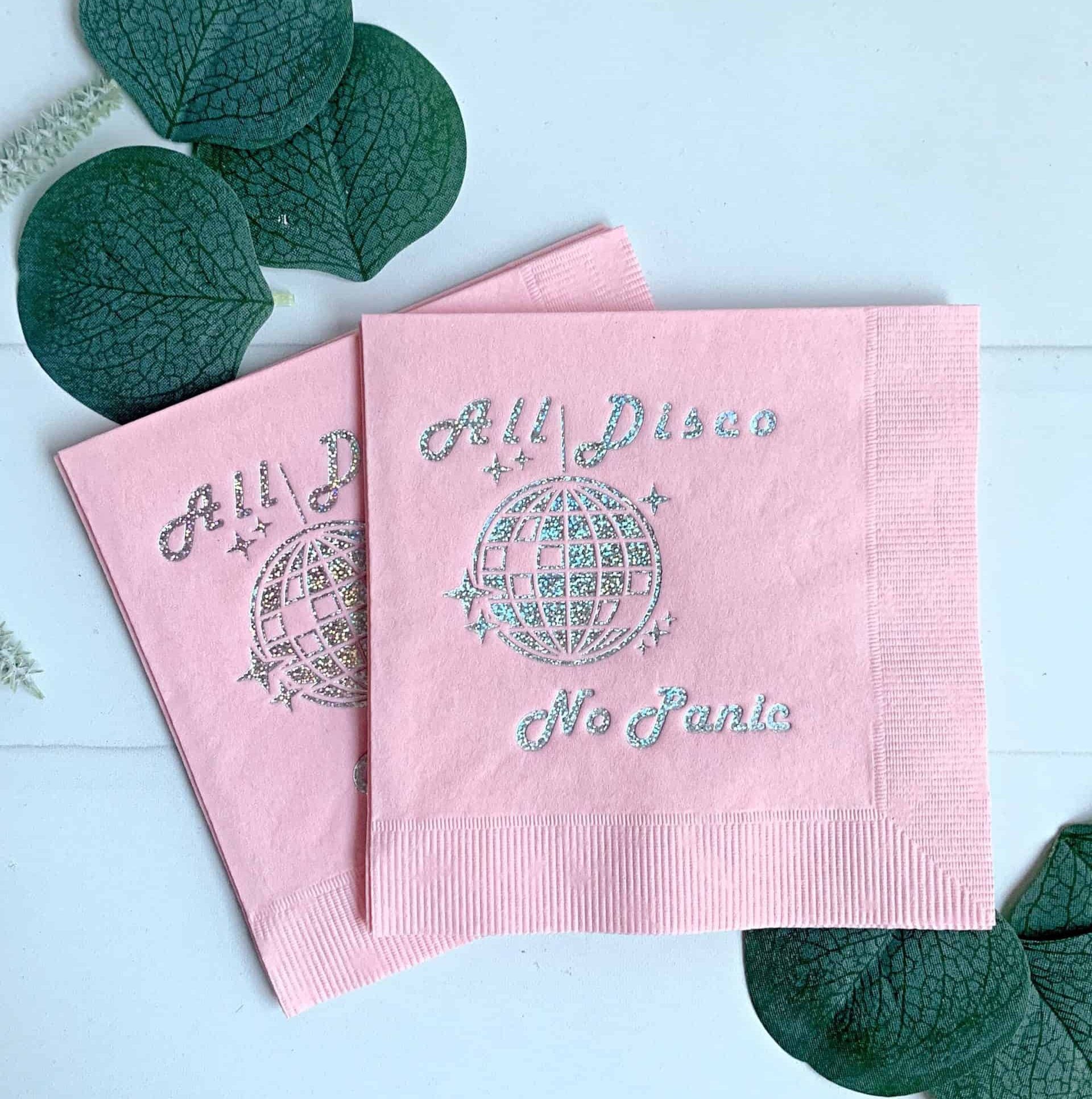 Gorgeous iridescent foiled disco ball cocktail napkins for a fun and exciting celebration. #DiscoBall #Glitter #Iridescent #CocktailNapkins
