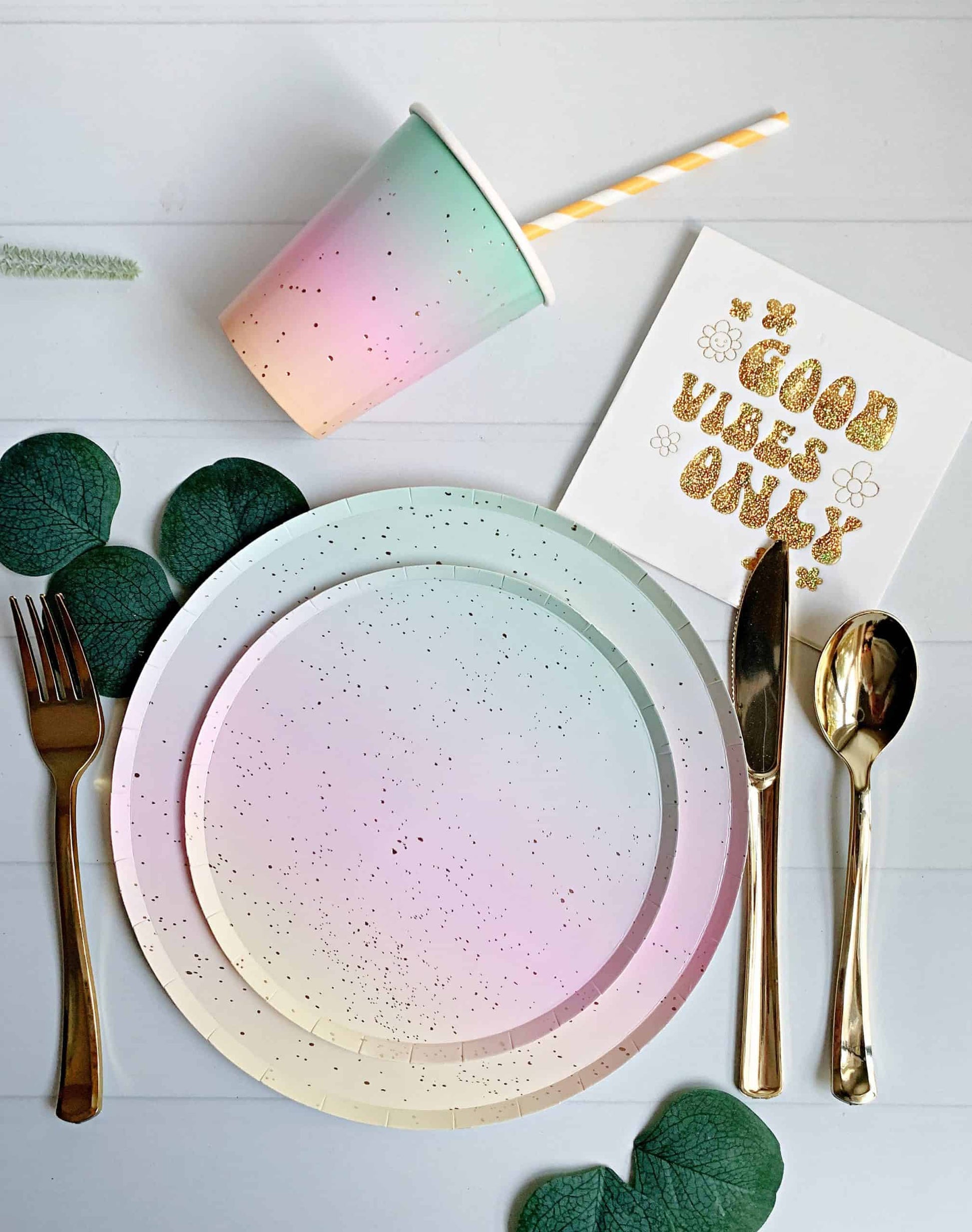 Add a pop of color to your celebration with our rainbow ombre paper dessert, dinner plates, and cups. Perfect for a fun and funky Two Groovy party. #RainbowOmbre #TwoGroovy #PartySupplies.