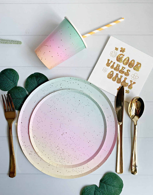 Add a pop of color to your celebration with our rainbow ombre paper dessert, dinner plates, and cups. Perfect for a fun and funky Two Groovy party. #RainbowOmbre #TwoGroovy #PartySupplies.