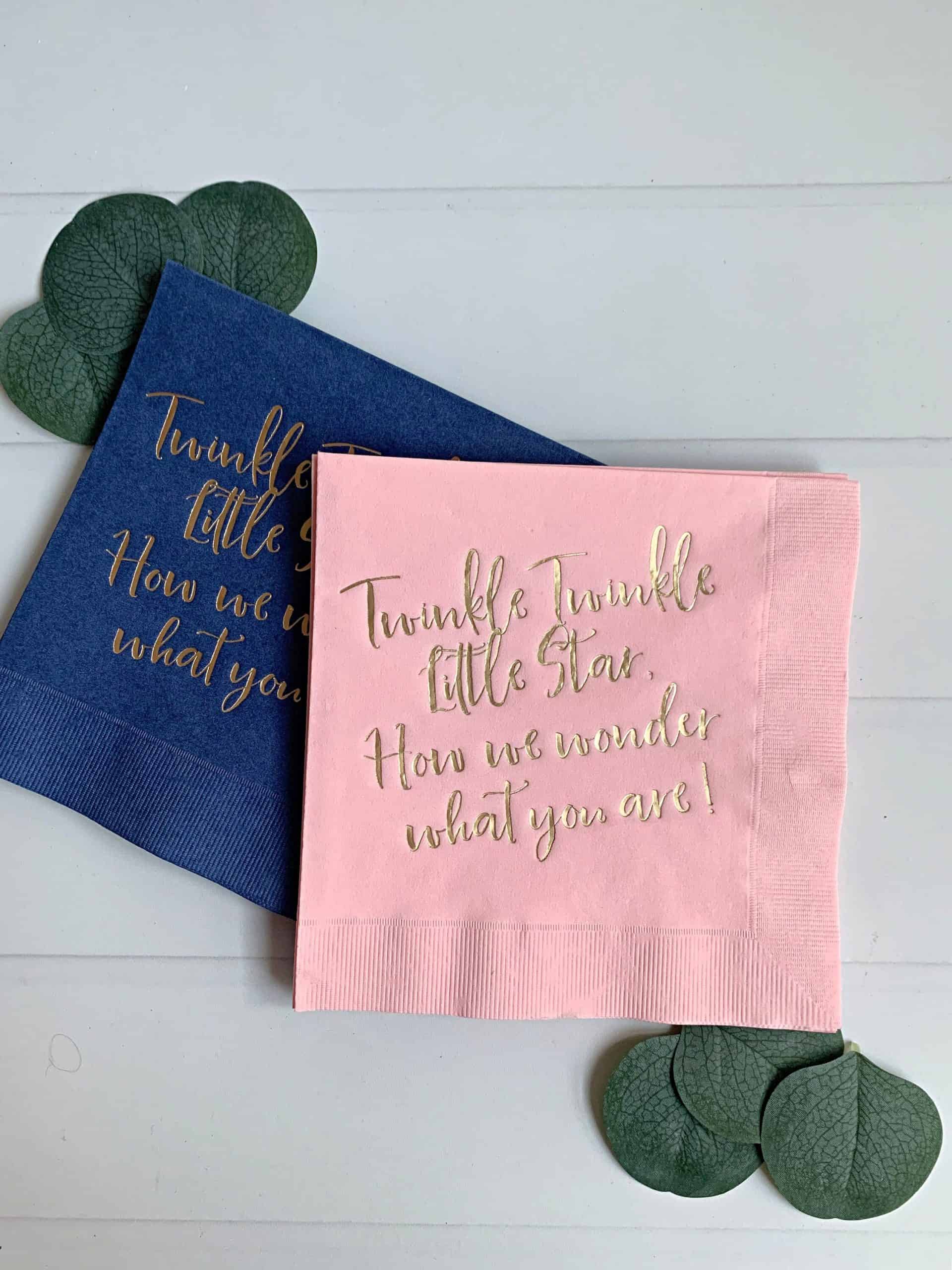 Celebrate the arrival of your little one in style with our Twinkle Twinkle Little Star Gender Reveal Napkins in Blush and Navy. These beautiful napkins feature a timeless "Twinkle Twinkle Little Star" design in a sophisticated color palette of blush and navy, making them the perfect addition to your gender reveal celebration. Whether you're serving cake, appetizers, or beverages, these napkins are both functional and stylish, adding a special touch to your special day. So, get ready to celebrate the arrival