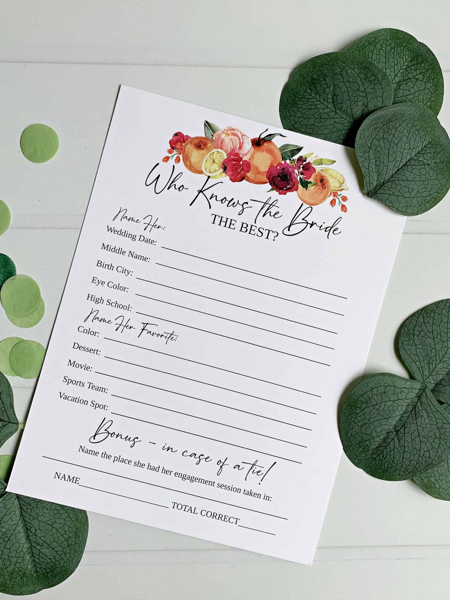 Make your bridal shower extra fun and memorable with these "Who Knows the Bride the Best" game cards. Printed on sturdy cardstock, these cards come with a beautiful floral print on the back.