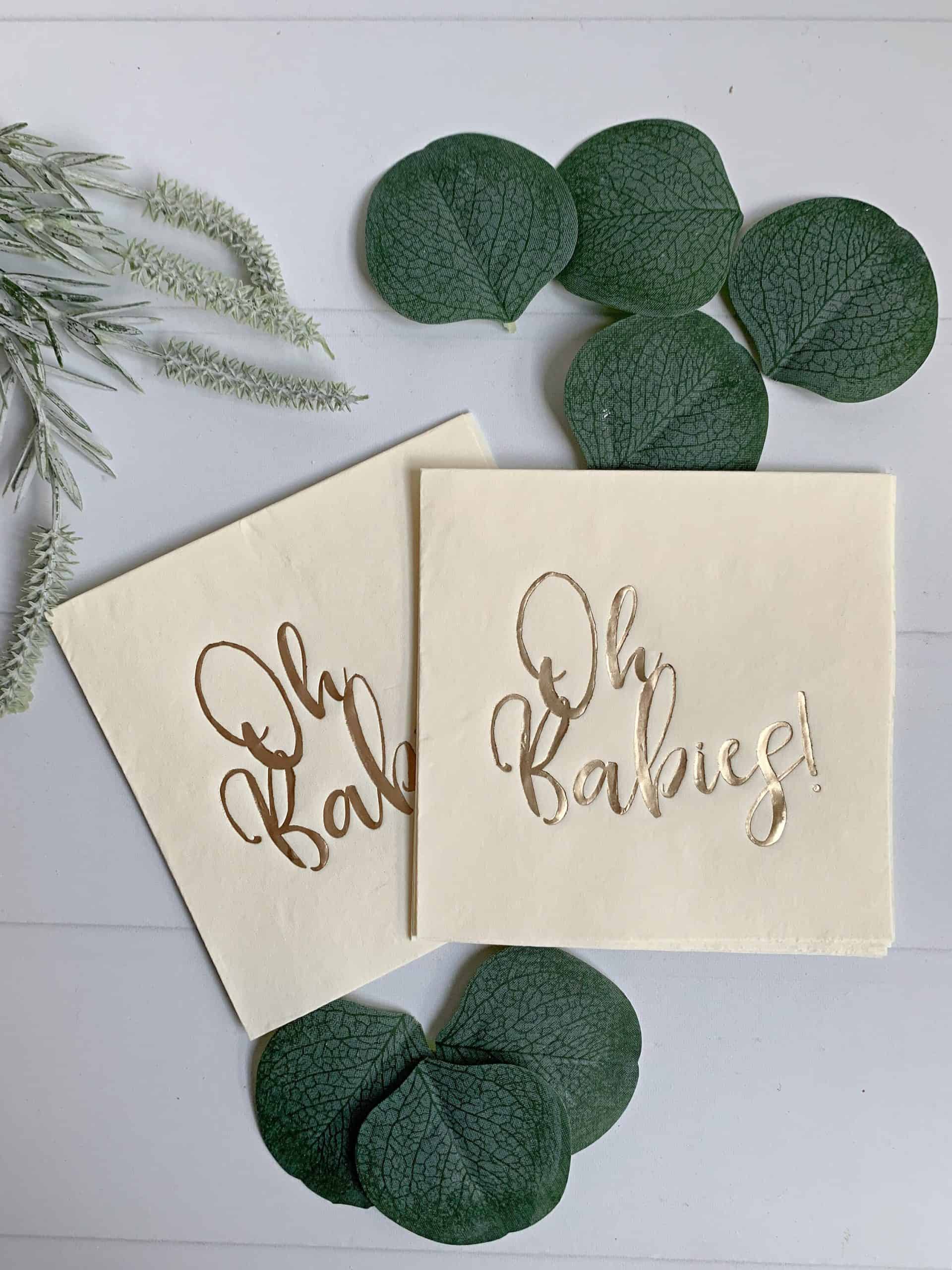 Celebrate the arrival of twins with elegance with our ivory "Oh Babies" napkins. The beautiful gold foiled script adds sophistication to any baby shower. Our ivory "Oh Babies" napkins are the perfect way to add sophistication