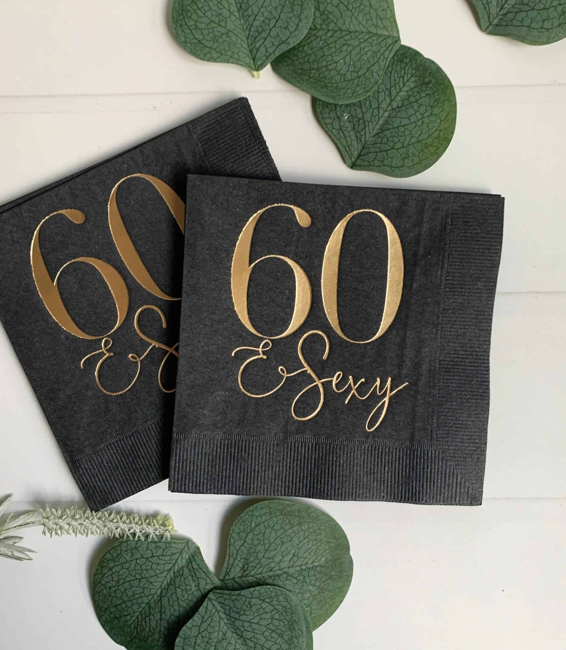Use these stunning gold foiled 60 and sexy cocktail napkins at your 60th birthday party. Perfect to celebrate a milestone! Gorgeous gold foil imprint on these EnFete original napkins. You won't find these anywhere else.