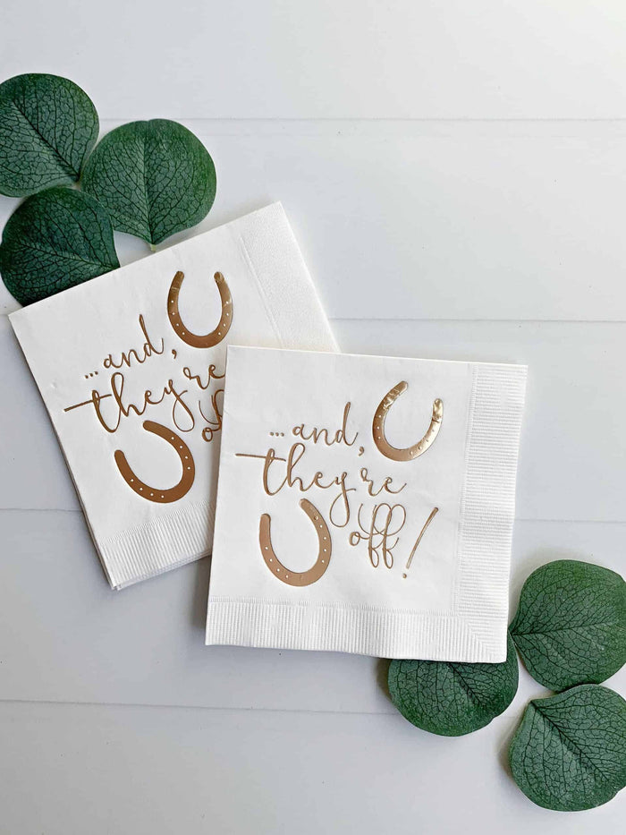 And They're Off Kentucky Derby Cocktail Napkins – White & Gold Foil Luxury Party Napkins