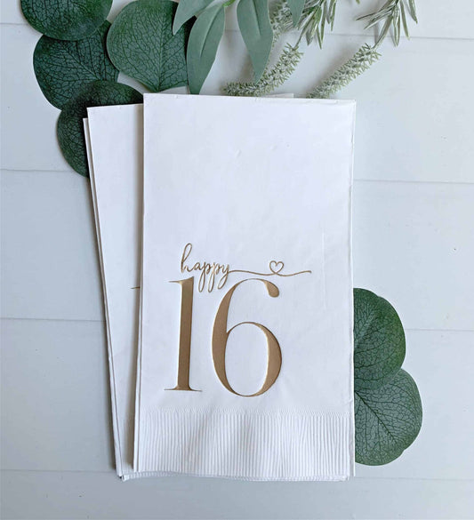 Make your Sweet 16 celebration unforgettable with EnFete's stunning white "Happy 16" dinner-sized napkins, featuring an original gold foil print design.