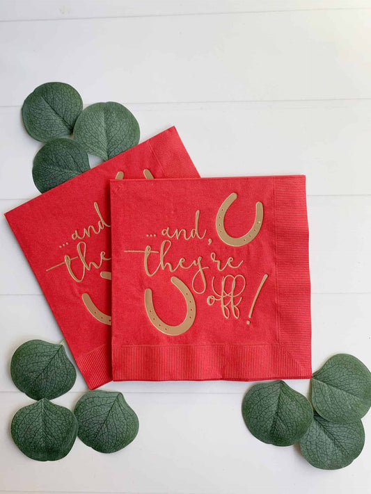 If you're throwing a Kentucky Derby party, garden party, tea party, baby shower, or bridal shower, EnFete's "And They're Off" gold foil on red luncheon napkins will add a touch of charm to your event.