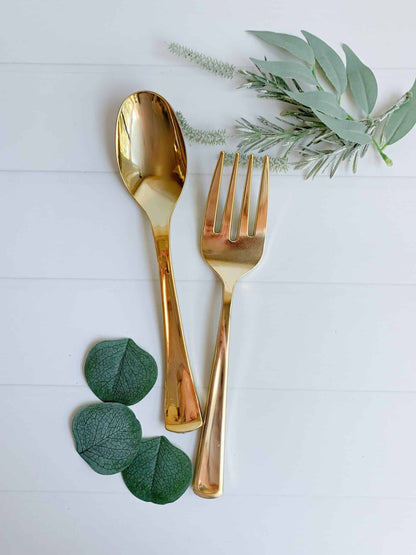 Gold Serving Fork and Spoon Set - Plastic
