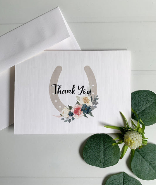 Derby Thank You Notes - Blush Blue Floral Horseshoe Kentucky Derby Bridal Shower Pony Party