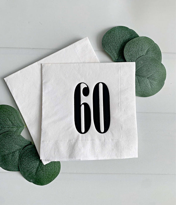 60th Birthday Napkins White Black Foil - Sixty Cocktail Napkins Set of 16 | EnFete Party