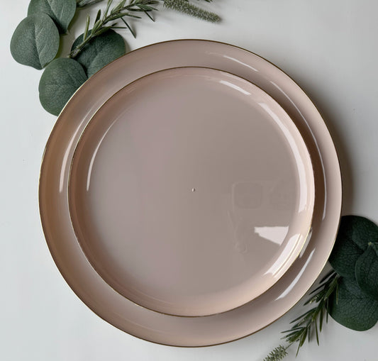 Linen Beige & Gold Square Plates Set 32 Pack - 16 Dinner & 16 Salad Plates for Weddings