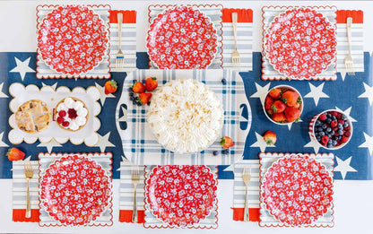 Blue Striped Scallop Dinner Napkin with Red Fringe