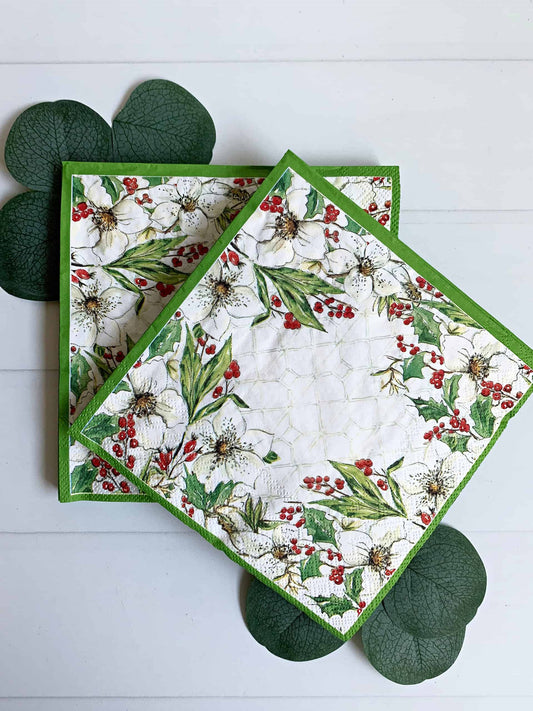Green Border Amaryllis Christmas Napkins