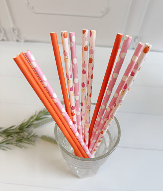 Pink Pumpkin Paper Straws - Halloween & Fall Baby Shower Drink Stirrers Set of 12