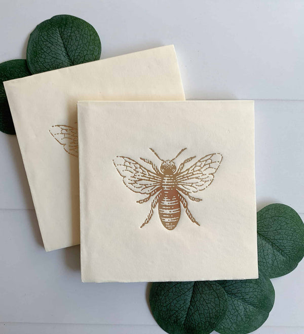 Honeybee Napkins Gold Foil Ivory - Baby Bee Baby Shower Cocktail Napkins Set of 16 | EnFete Party