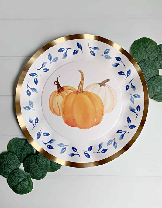 Blue Floral and Pumpkin Dinner Plates- Set of 8
