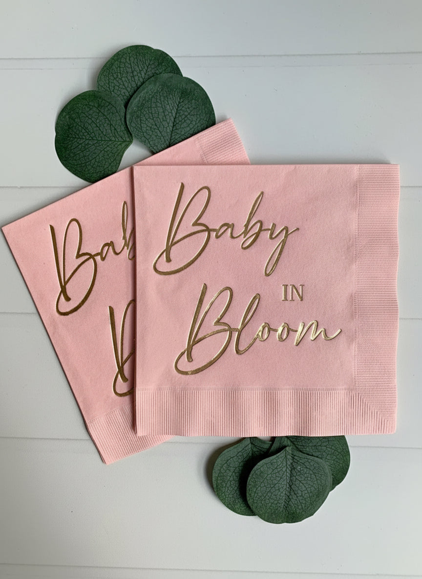 Baby in Bloom Luncheon Napkins Pink & Gold Foil - Spring Summer Baby Shower - Set of 16
