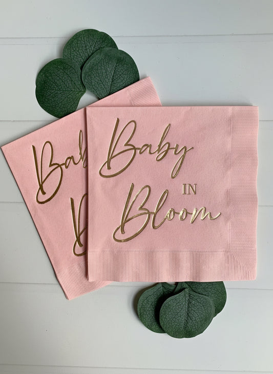 Baby in Bloom Luncheon Napkins Pink & Gold Foil - Spring Summer Baby Shower - Set of 16