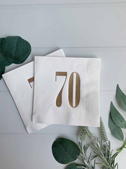 These beautiful napkins feature gold retro-style numbers "70" on a white background, adding a touch of sophistication to your table setting. These cocktail napkins are perfect for a 70th birthday celebration and are sure to impress your guests with their unique design and high-quality construction.