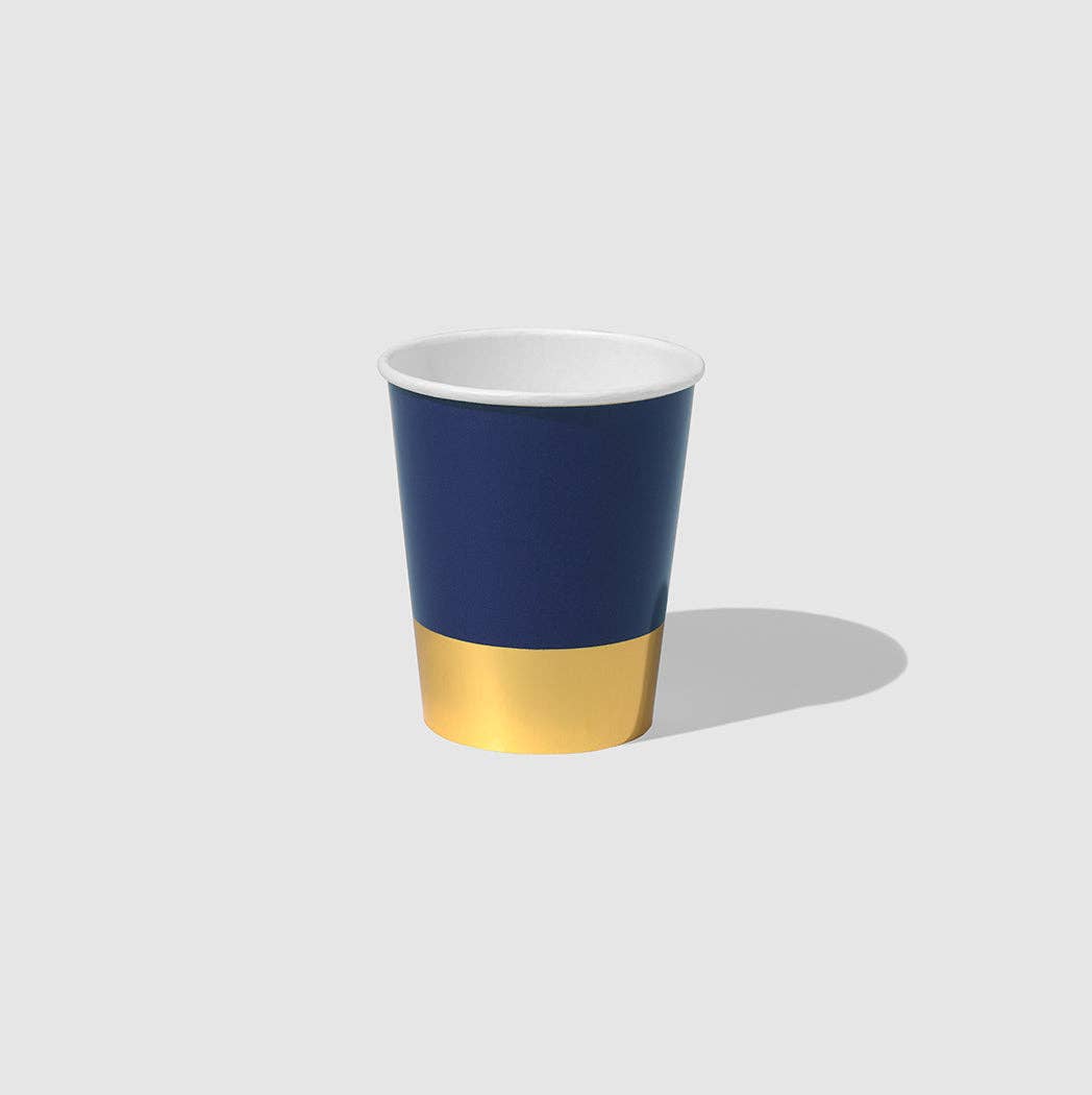 Navy Blue and Gold Party Cups - 9 oz Paper Cups, 10 Pack