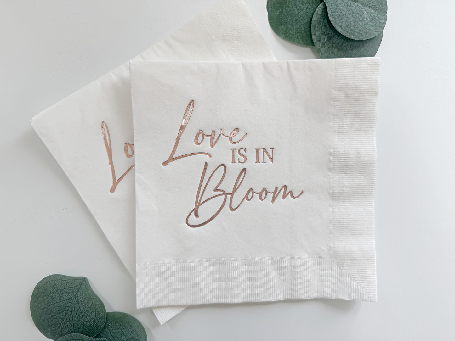 Love is in Bloom Luncheon Napkins | Rose Gold on White Bridal Shower Napkins, Set of 16