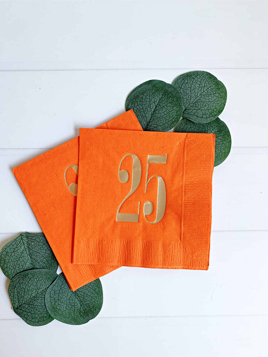 25th Birthday Cocktail Napkins - Orange & Gold Foil Party Supplies (16-Pack)