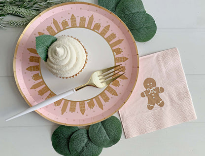 Pink Gingerbread House Dessert Plates - Christmas Party Plates Set of 8
