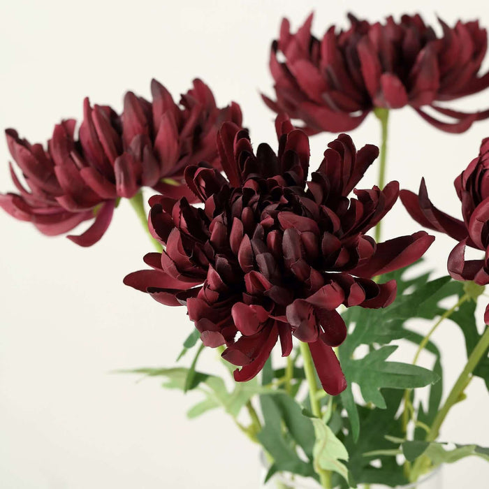 Close-up of burgundy artificial mums flowers with green leaves on a light background - perfect for Fall weddings and entertaining.