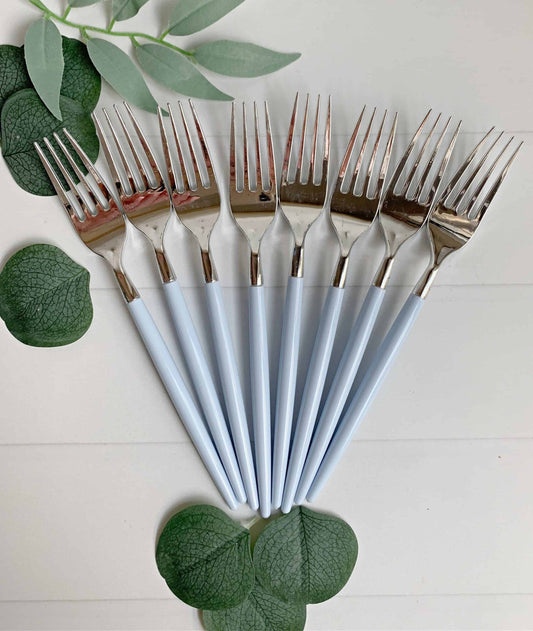 Ice Blue and Silver Plastic Forks - Premium Disposable Forks Set of 32