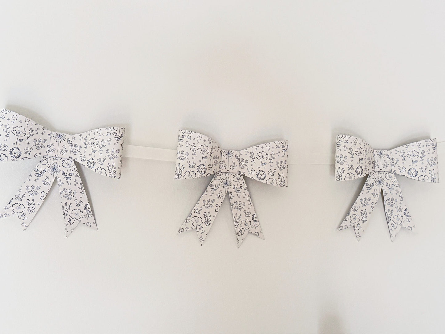 French Blue Floral Bow Garland - 7ft Paper Banner for Baby Showers & Tea Parties