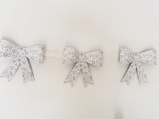 French Blue Floral Bow Garland - 7ft Paper Banner for Baby Showers & Tea Parties