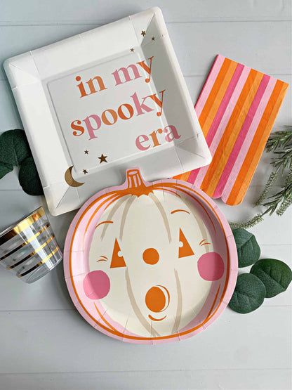 Vintage Pumpkin Face Paper Plates - Hot Pink & Orange