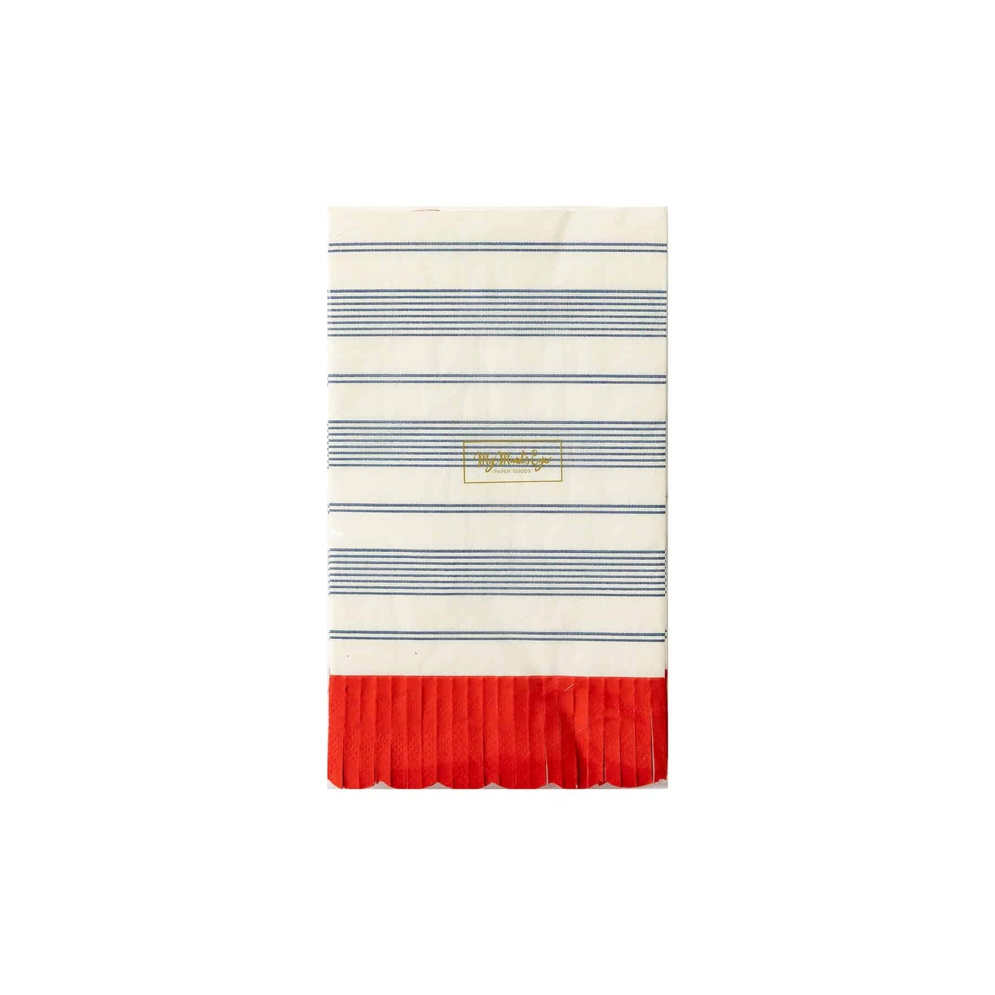 Blue Striped Scallop Dinner Napkin with Red Fringe