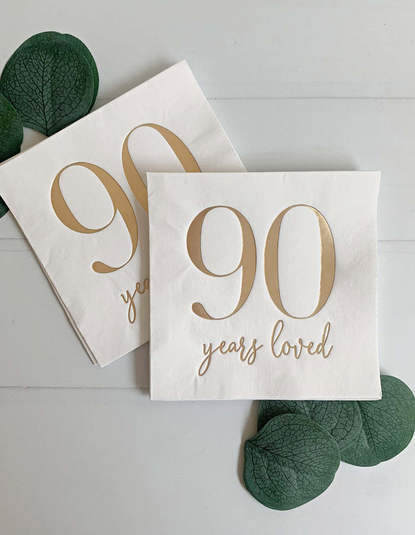 90 Years Loved Cocktail Napkins - Gold Foil | EnFete Party