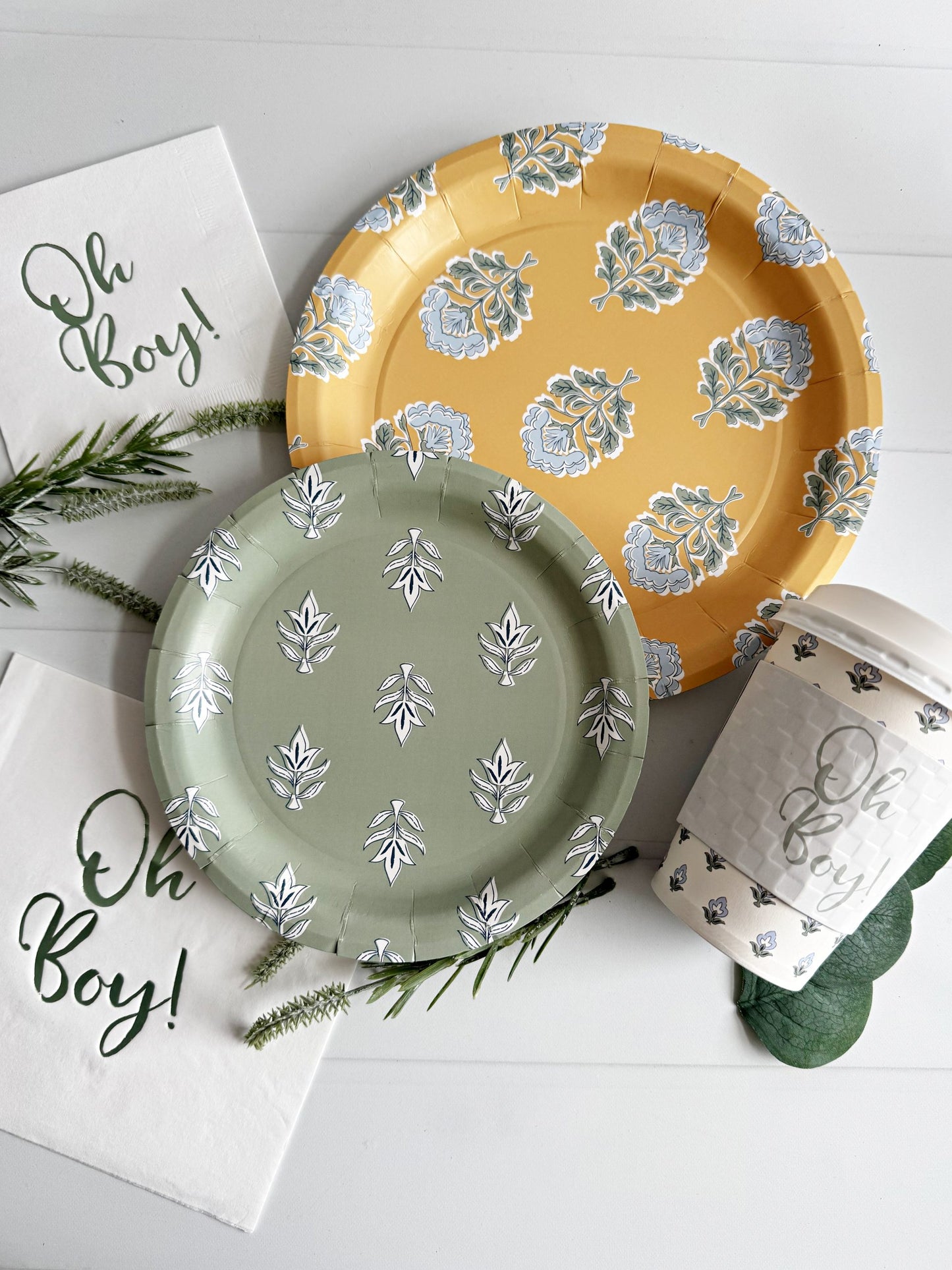 Sage Green Floral Block Print Paper Plates - Premium Party Plates