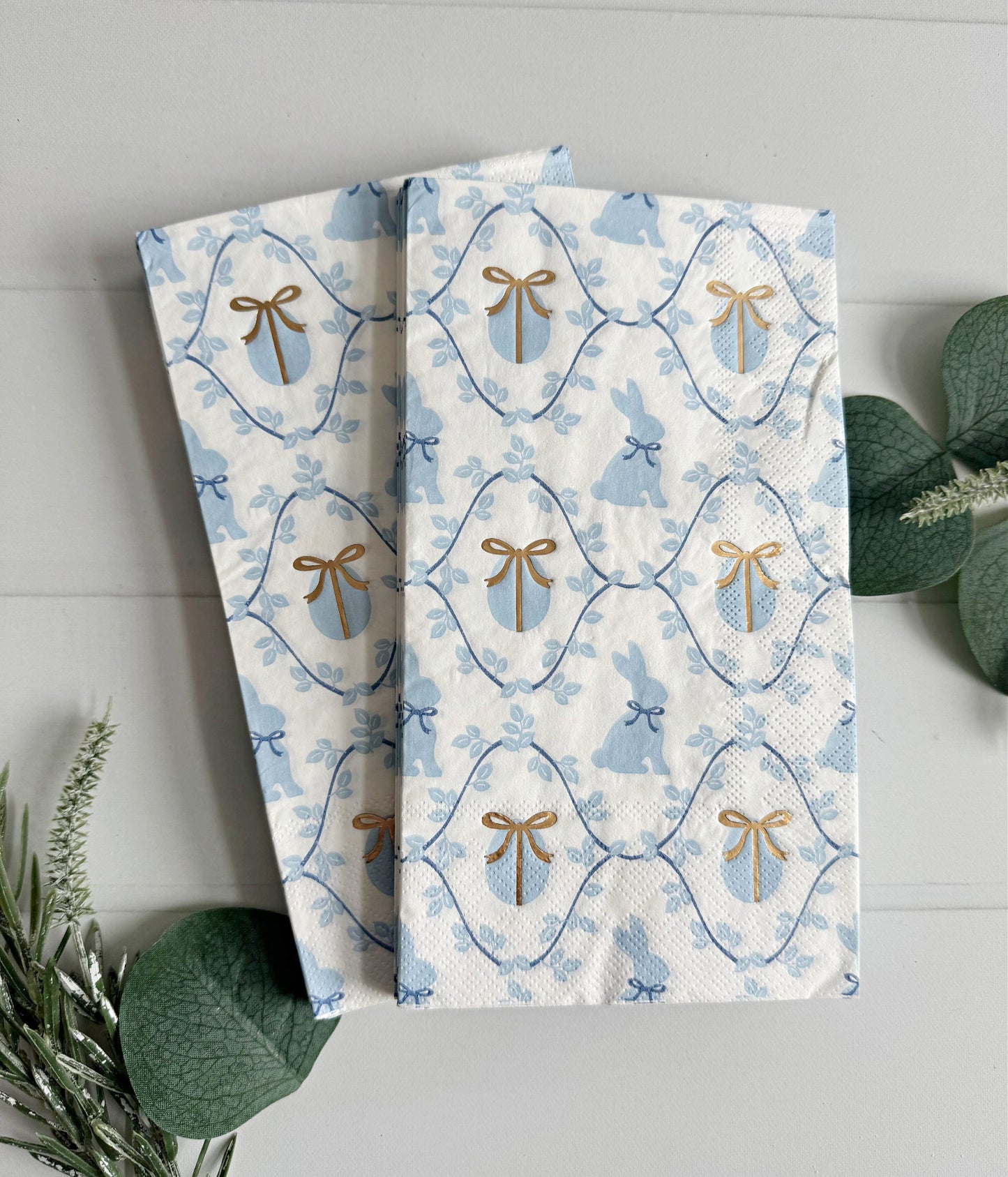 Easter Bunny Paper Dinner Napkins - Blue Eggs & Gold Bow Guest Towels Set of 20
