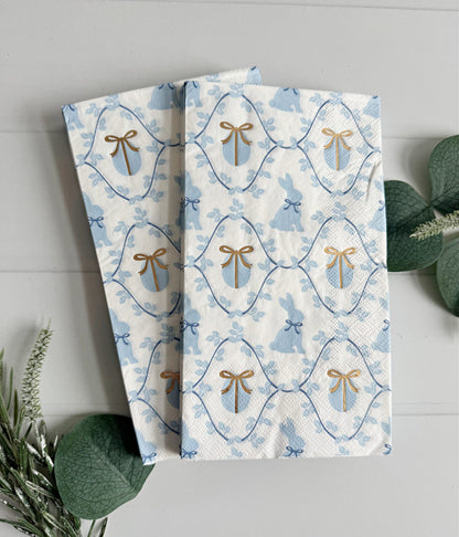 Easter Bunny Paper Dinner Napkins - Blue Eggs & Gold Bow Guest Towels Set of 20