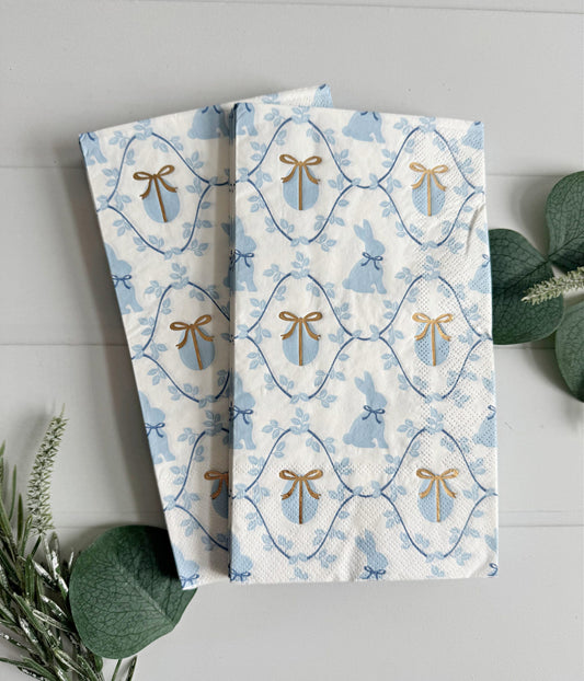 Easter Bunny Paper Dinner Napkins - Blue Eggs & Gold Bow Guest Towels Set of 20