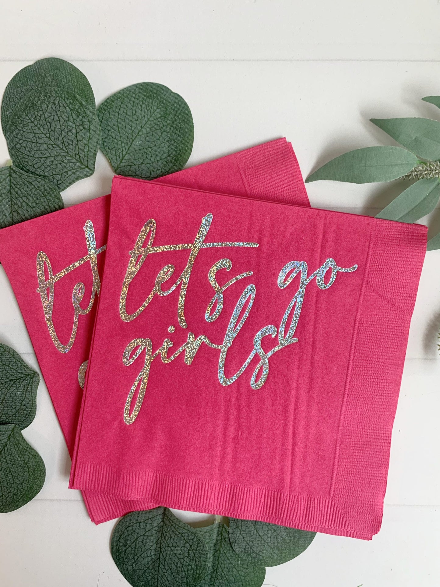 Let's Go Girls Hot Pink Napkins - Silver Foil Party Napkins for Bachelorette & Disco Parties (16ct)