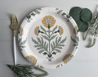 Bold Amber Floral Block Print Dinner Plates - Premium Paper Plates