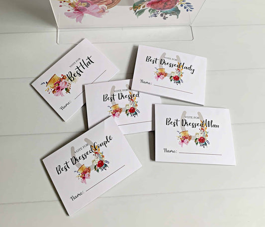 Create a fun and interactive experience at your Kentucky Derby party with EnFete's Derby "Vote for Best Dressed" Voting Cards Pad (each voting pad is a separate item, select the ones you want are your party!)