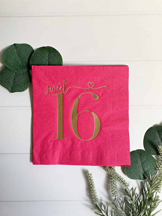Sweet 16 Luncheon Napkins - Gold on Hot Pink