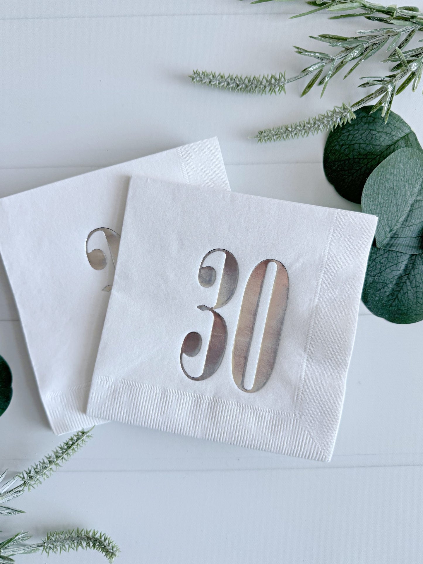 30th Birthday Cocktail Napkins - White & Silver Milestone Party Decor