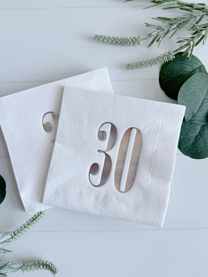 30th Birthday Cocktail Napkins - White & Silver Milestone Party Decor
