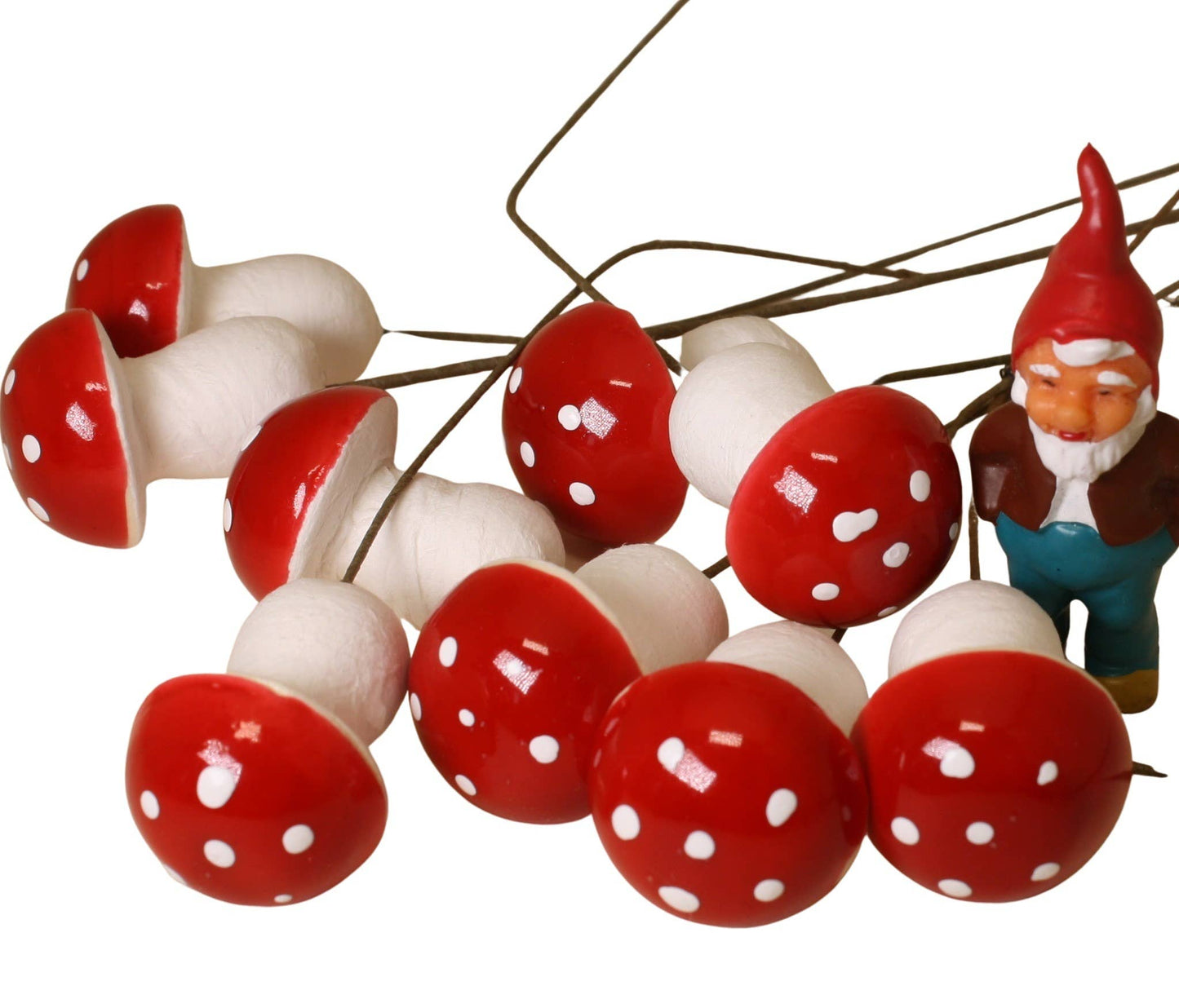 Mini Red Mushroom Picks 10 Pack - Spun Cotton Toadstool Decorations for Wreaths & Crafts