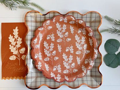 Acorns Scalloped Circle Paper Plates - Autumn Harvest Party Tableware (8 Pack)