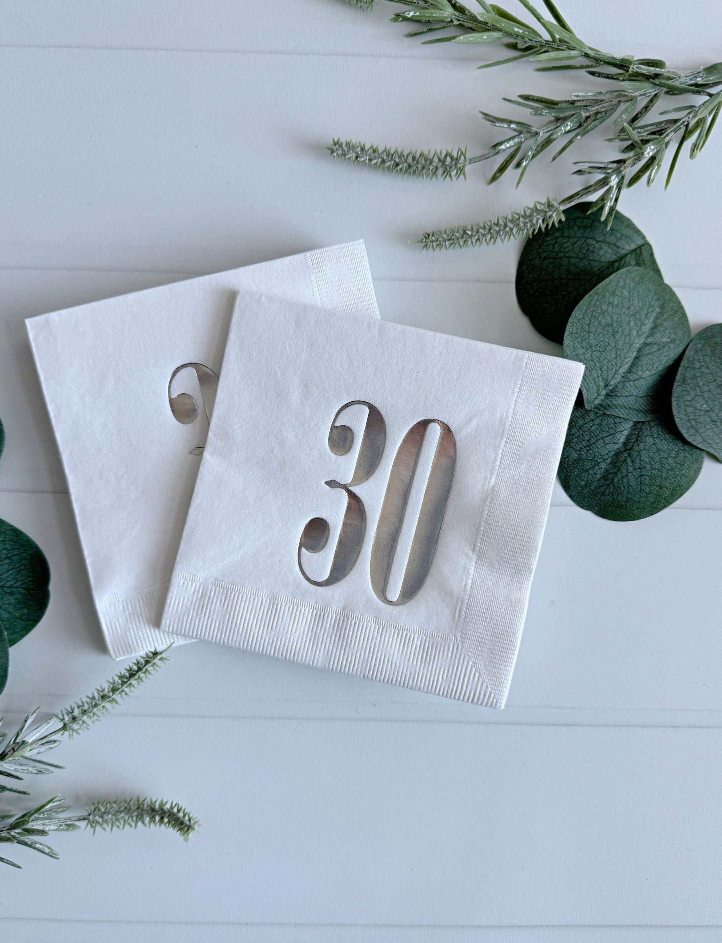 30th Birthday Cocktail Napkins - White & Silver Milestone Party Decor