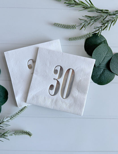 30th Birthday Cocktail Napkins - White & Silver Milestone Party Decor