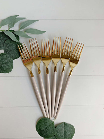 Linen Beige & Gold Plastic Forks 32 Pieces - Premium Silverware for Weddings & Parties